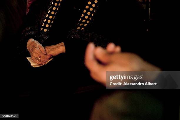 The artist Carol Rama meets the fashion designer Antonio Marras in her home on March 03, 2009 in Turin, Italy.