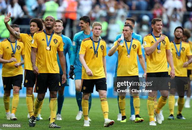 Belgium players celebrate following their sides victory in the 2018 FIFA World Cup Russia 3rd Place Playoff match between Belgium and England at...