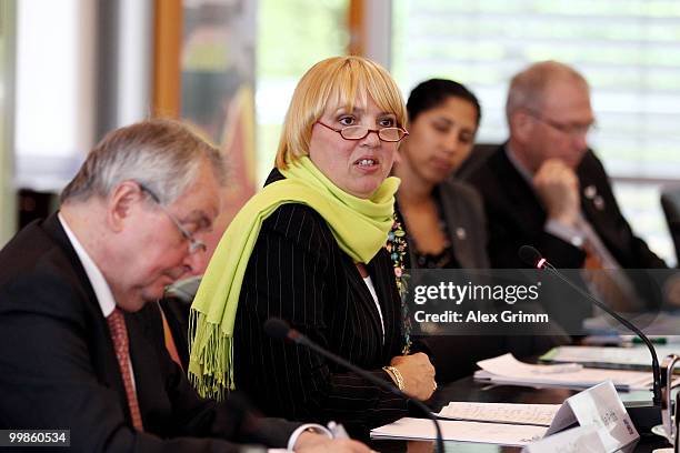 Claudia Roth, head of Germany's green party Buendnis 90/Die Gruenen, talks during a press conference to the 'Green Goal' environmental campaign for...