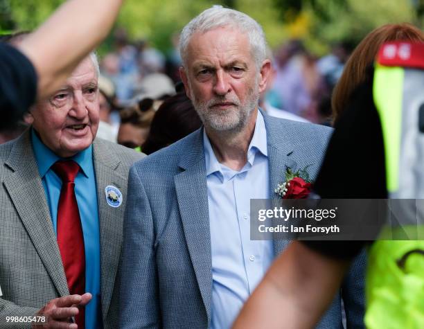 Labour Leader Jeremy Corbyn walks through crowds after delivering his speech during the 134th Durham Miners' Gala on July 14, 2018 in Durham,...