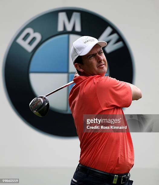 Peter Lawrie of Ireland tees off during a practice round at Wentworth prior to the BMW PGA Championship on May 18, 2010 in Virginia Water, England.