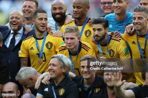 Belgium players pose for a photo after recieving their third place medals during the 2018 FIFA World Cup Russia 3rd Place Playoff match between...