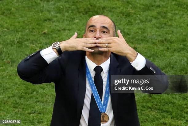 Roberto Martinez, Head coach of Belgium shows appreciation to the fans after the 2018 FIFA World Cup Russia 3rd Place Playoff match between Belgium...