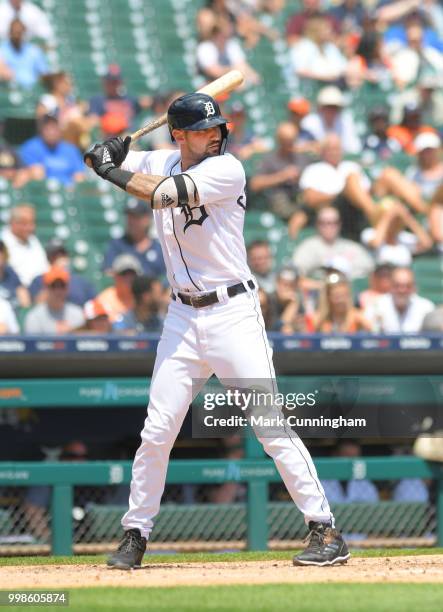 Nicholas Castellanos of the Detroit Tigers bats during the game against the Los Angeles Angels of Anaheim at Comerica Park on May 31, 2018 in...