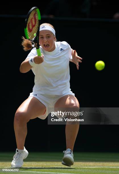 Jelena Ostapenko of Latvia during her semi-final match against Angelique Kerber of Germany on day ten of the Wimbledon Lawn Tennis Championships at...