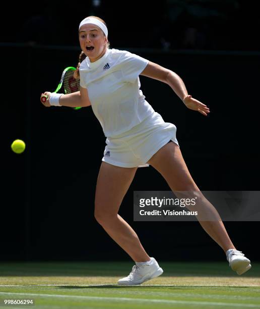 Jelena Ostapenko of Latvia during her semi-final match against Angelique Kerber of Germany on day ten of the Wimbledon Lawn Tennis Championships at...