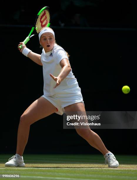 Jelena Ostapenko of Latvia during her semi-final match against Angelique Kerber of Germany on day ten of the Wimbledon Lawn Tennis Championships at...