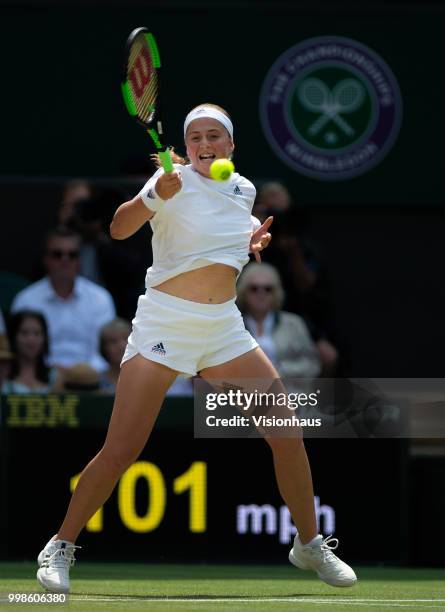 Jelena Ostapenko of Latvia during her semi-final match against Angelique Kerber of Germany on day ten of the Wimbledon Lawn Tennis Championships at...