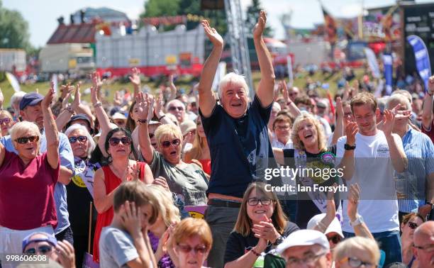 Crowds react during the speeches at the 134th Durham Miners' Gala on July 14, 2018 in Durham, England. Over two decades after the last pit closed in...