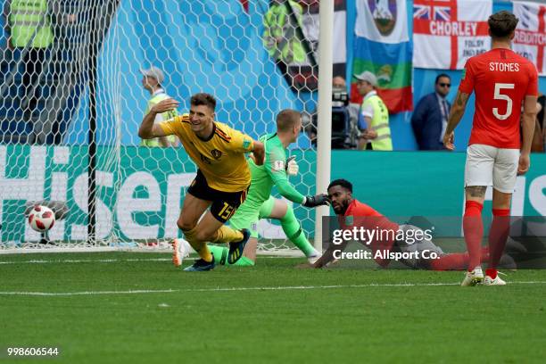 Thomas Meunier of Belgium reels away after scoring the 1st goal against England during the 2018 FIFA World Cup Russia 3rd Place Playoff match between...