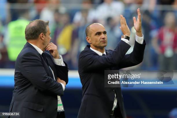 Roberto Martinez, Head coach of Belgium shows appreciation to the fans after the 2018 FIFA World Cup Russia 3rd Place Playoff match between Belgium...
