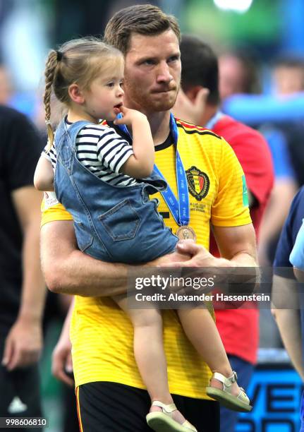 Jan Vertonghen of Belgium celebrates with his daughter following his sides victory in the 2018 FIFA World Cup Russia 3rd Place Playoff match between...