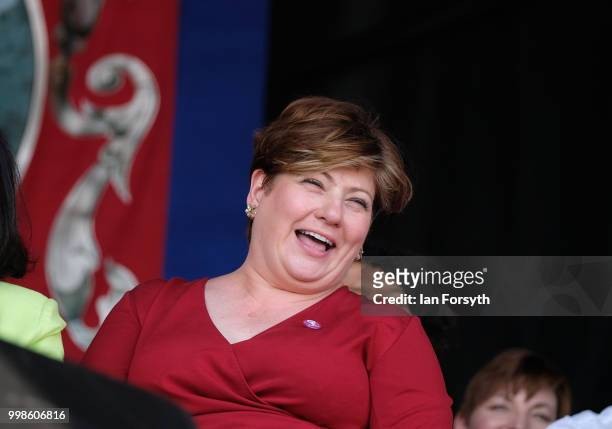 Labour politician and Member of Parliament for Islington South and Finsbury Emily Thornberry reacts as she is introduced on stage during the 134th...