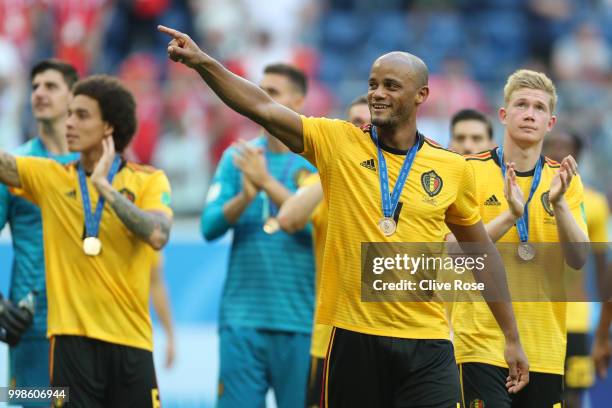 Vincent Kompany of Belgium celebrates following his sides victory in the 2018 FIFA World Cup Russia 3rd Place Playoff match between Belgium and...