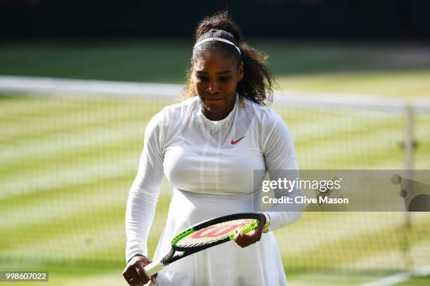 Serena Williams of The United States appears dejected during the Ladies' Singles final against Angelique Kerber of Germany on day twelve of the...