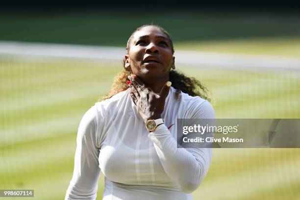 Serena Williams of The United States reacts during the Ladies' Singles final against Angelique Kerber of Germany on day twelve of the Wimbledon Lawn...