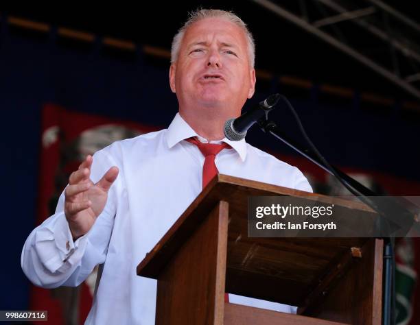 Labour politician and Member of Parliament for Wansbeck Ian Lavery delivers his speech during the 134th Durham Miners' Gala on July 14, 2018 in...