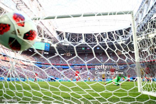 Eden Hazard of Belgium scores Jordan Pickford of England his team's second goal during the 2018 FIFA World Cup Russia 3rd Place Playoff match between...
