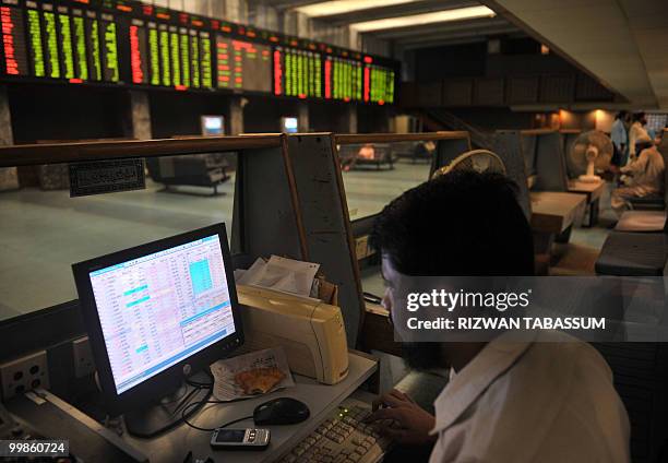 Pakistani stockbroker monitors the latest share prices during a trading session at the Karachi Stock Exchange on May 18, 2010. The benchmark KSE-100...