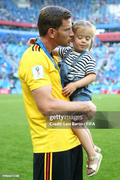 Jan Vertonghen of Belgium celebrates with his daughter following his sides victory in the 2018 FIFA World Cup Russia 3rd Place Playoff match between...