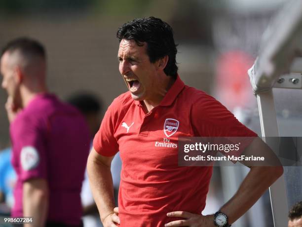 Arsenal Head Coach Unai Emery during the pre-season friendly between Boreham Wood and Arsenal at Meadow Park on July 14, 2018 in Borehamwood, England.