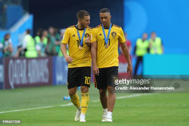 Eden Hazard and Youri Tielemans of Belgium celebrate after recieving their third place medals after the 2018 FIFA World Cup Russia 3rd Place Playoff...