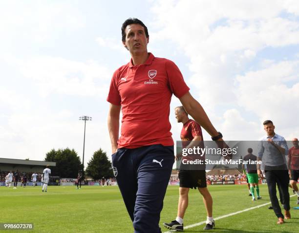 Arsenal Head Coach Unai Emery during the pre-season friendly between Boreham Wood and Arsenal at Meadow Park on July 14, 2018 in Borehamwood, England.