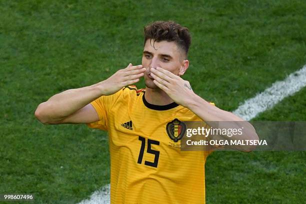 Belgium's defender Thomas Meunier greets the fans after their Russia 2018 World Cup play-off for third place football match between Belgium and...