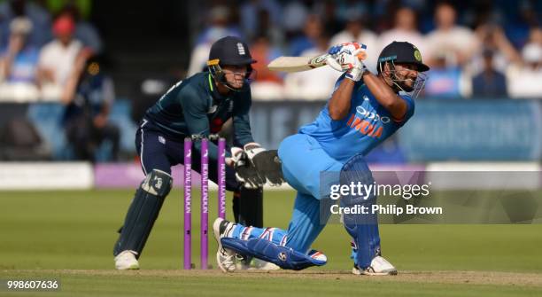 Suresh Raina of India hits out during the 2nd Royal London One-Day International between England and India at Lord's Cricket Ground on July 14, 2018...