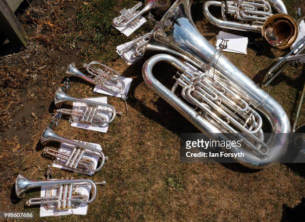 Musical instruments are left on the floor during the 134th Durham Miners' Gala on July 14, 2018 in Durham, England. Over two decades after the last...