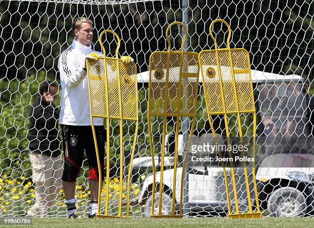 Manuel Neuer of Germany is seen in action during the German National Team training session at Verdura Golf and Spa Resort on May 18, 2010 in Sciacca,...