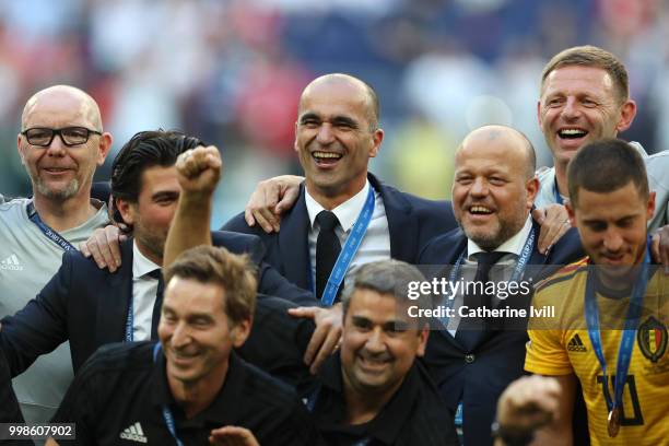 Roberto Martinez, Head coach of Belgium celebrates during medal ceremony following the 2018 FIFA World Cup Russia 3rd Place Playoff match between...