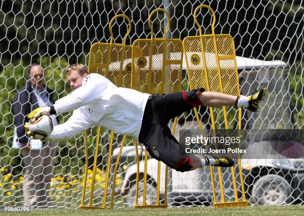 Manuel Neuer of Germany is seen in action during the German National Team training session at Verdura Golf and Spa Resort on May 18, 2010 in Sciacca,...