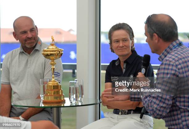 Ryder Cup Captain Thomas Bjorn of Denmark , with Solheim Cup Captain Catriona Matthew of Scotland during an interview with Ian Carter of the BBC , on...