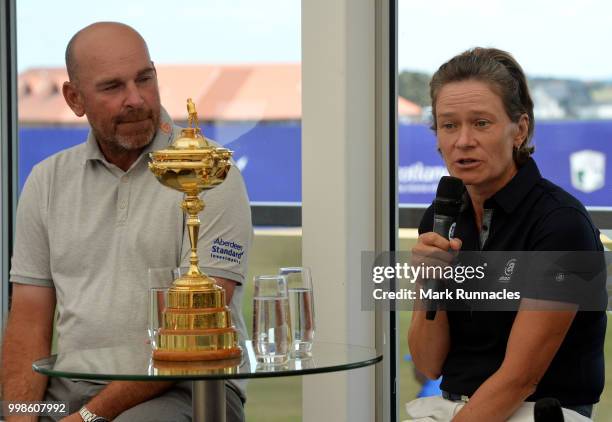 Ryder Cup Captain Thomas Bjorn of Denmark , with Solheim Cup Captain Catriona Matthew of Scotland during an interview with Ian Carter of the BBC on...