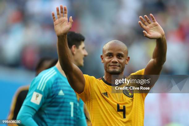 Vincent Kompany of Belgium celebrates following his sides victory in the 2018 FIFA World Cup Russia 3rd Place Playoff match between Belgium and...