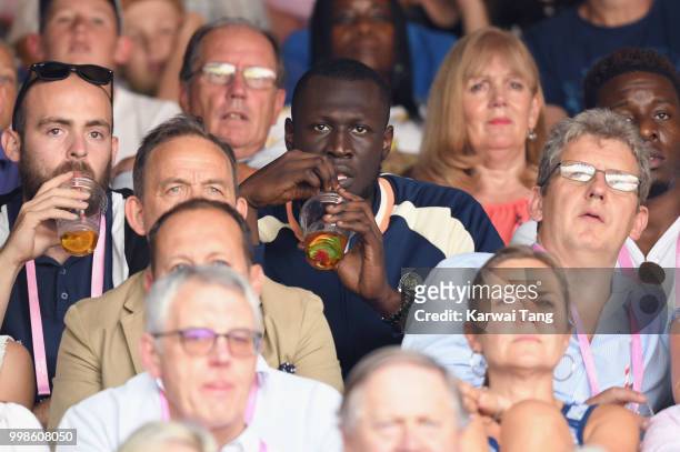 Stormzy attends day twelve of the Wimbledon Tennis Championships at the All England Lawn Tennis and Croquet Club on July 13, 2018 in London, England.