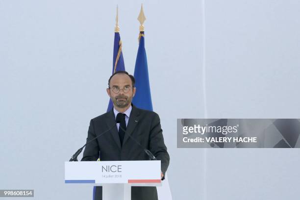 French Prime minister Edouard Philippe speaks in Nice on July 14, 2018 during a ceremony marking the second anniversary of the jihadist terror attack...