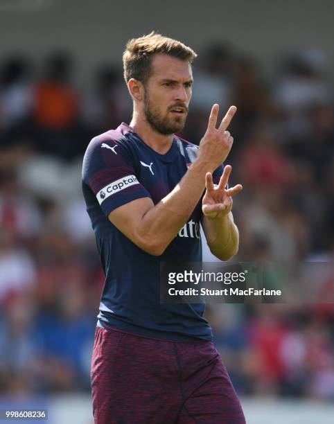 Aaron Ramsey of Arsenal during the pre-season friendly between Boreham Wood and Arsenal at Meadow Park on July 14, 2018 in Borehamwood, England.