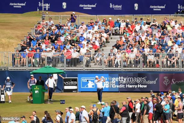 Lee Westwood of England takes his tee shot on hole one during day three of the Aberdeen Standard Investments Scottish Open at Gullane Golf Course on...