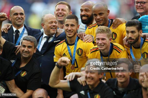 Belgium players pose for a photo after recieving their third place medals during the 2018 FIFA World Cup Russia 3rd Place Playoff match between...