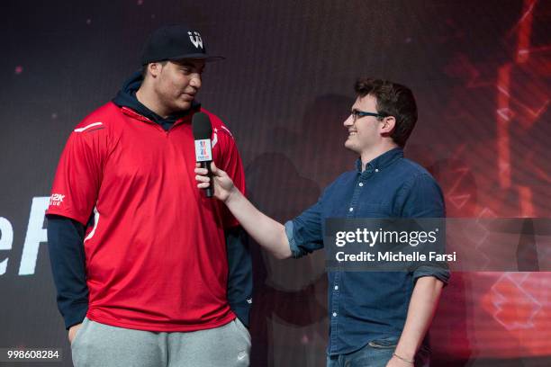XGREATxGILLY13 of Wizards District Gaming speaks to media before game against Knicks Gaming during Day 3 of the NBA 2K - The Ticket tournament on...