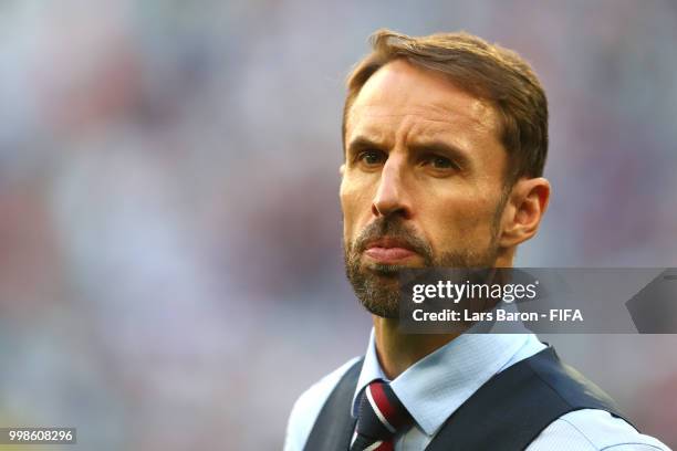 Gareth Southgate, Manager of England looks on dejected following his team's defeat in the 2018 FIFA World Cup Russia 3rd Place Playoff match between...