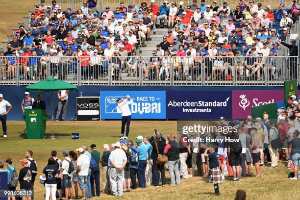 Rickie Fowler of USA takes his tee shot on hole one during day three of the Aberdeen Standard Investments Scottish Open at Gullane Golf Course on...