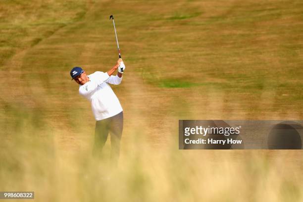 Rickie Fowler of USA takes a shot on hole one during day three of the Aberdeen Standard Investments Scottish Open at Gullane Golf Course on July 14,...