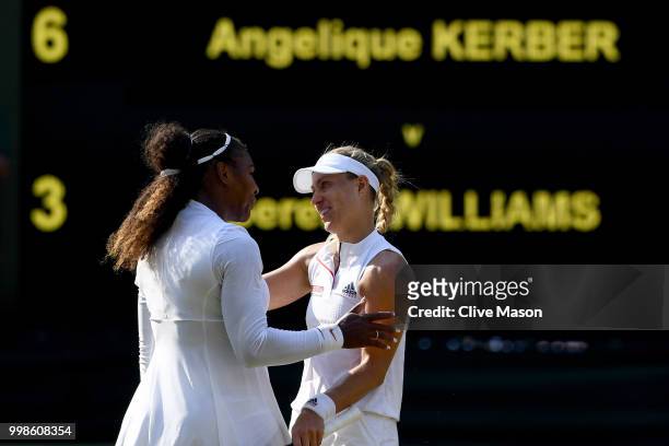 Angelique Kerber of Germany embraces Serena Williams of The United States after the Ladies' Singles final on day twelve of the Wimbledon Lawn Tennis...