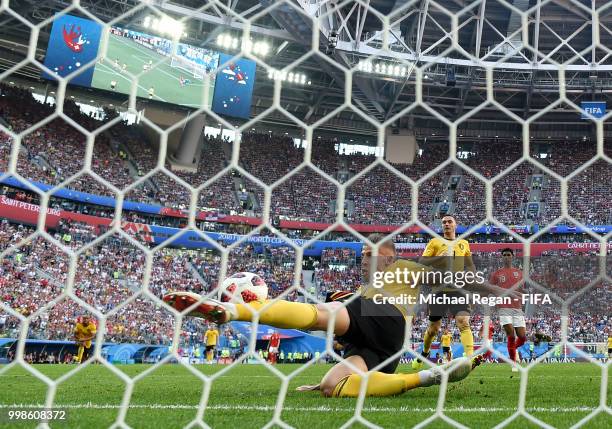 Toby Alderweireld of Belgium makes a goal line clearance from a shot by Eric Dier of England during the 2018 FIFA World Cup Russia 3rd Place Playoff...