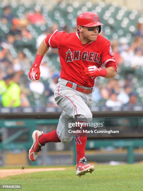 Ian Kinsler of the Los Angeles Angels of Anaheim runs to first base during the game against the Detroit Tigers at Comerica Park on May 31, 2018 in...