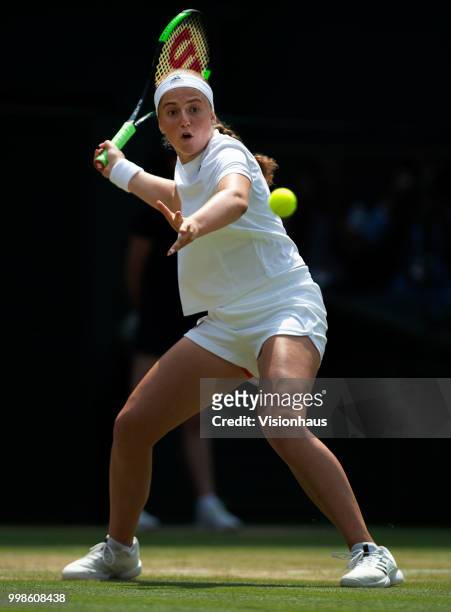 Jelena Ostapenko of Latvia during her semi-final match against Angelique Kerber of Germany on day ten of the Wimbledon Lawn Tennis Championships at...