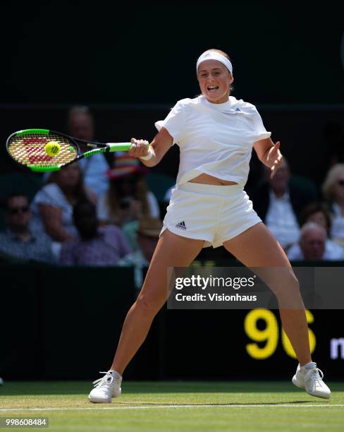 Jelena Ostapenko of Latvia during her semi-final match against Angelique Kerber of Germany on day ten of the Wimbledon Lawn Tennis Championships at...